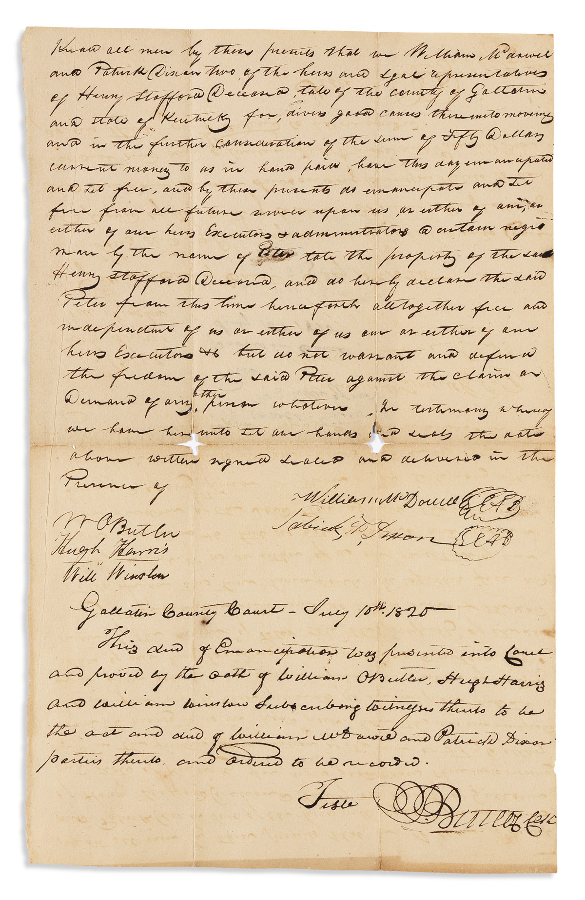 (SLAVERY & ABOLITION.) Deed of manumission for a Kentucky man named Peter.